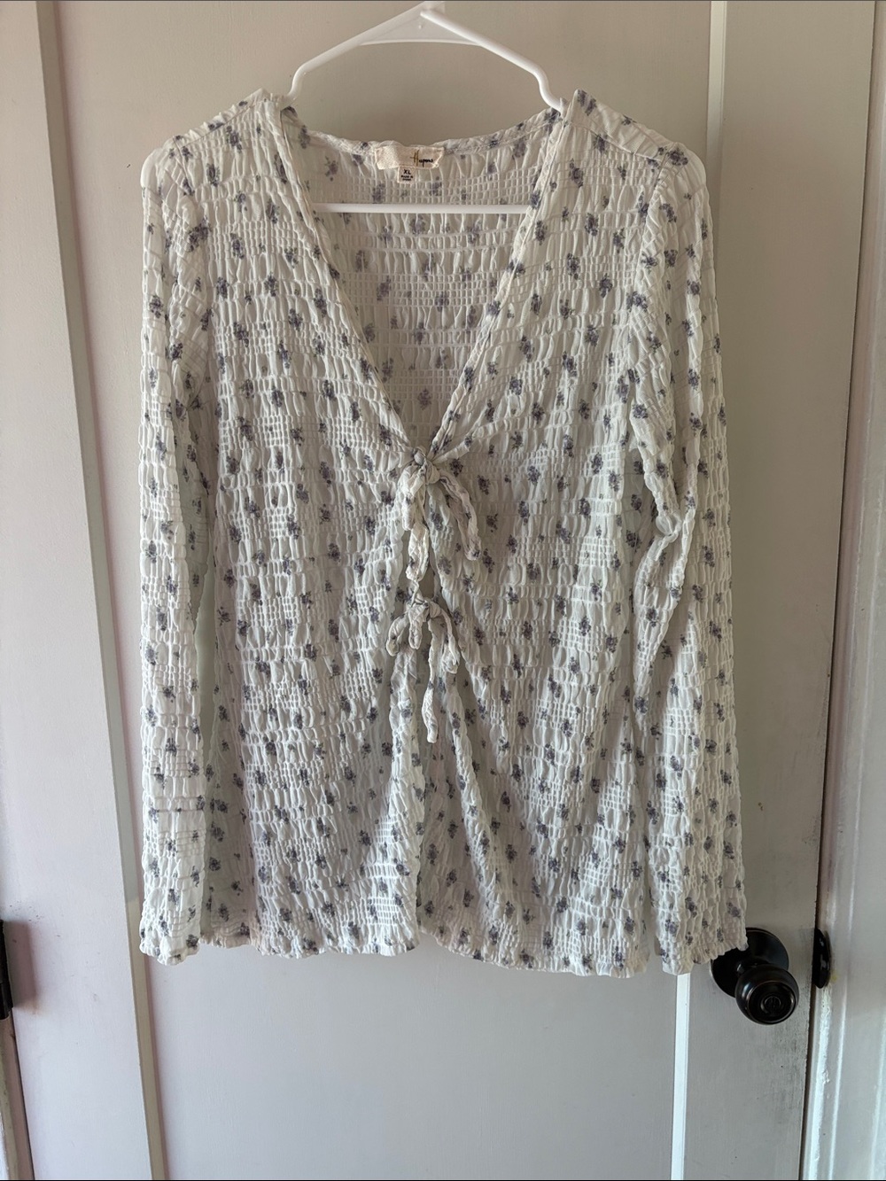 Cream Floral Tie-Front Blouse with Smocked Texture